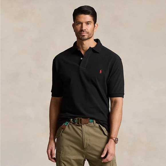 Men’s Iconic Polo by Ralph Lauren Classic Mesh Polo Shirt Black/Red - Big & Tall - Picture 2 of 8
